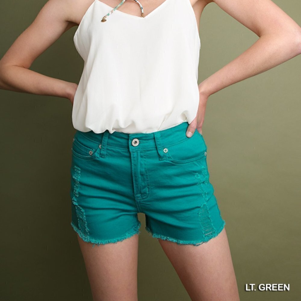 UMGEE DISTRESSED DENIM STRETCH CUT OFF SHORTS WITH FREYED HEM AND POCKETS A